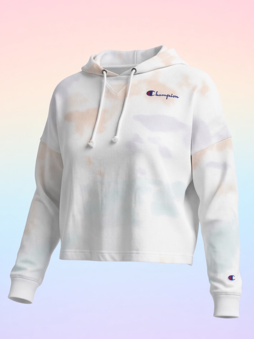 Champion White Tie-Dye Crewneck cropped Sweatshirt with Pastel Accents